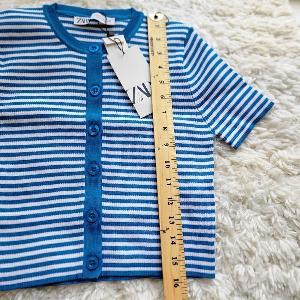 ZARA Cropped Blue Striped Sweater Knit Short Sleeve T-shirt Tee Top Size Medium - Picture 7 of 10